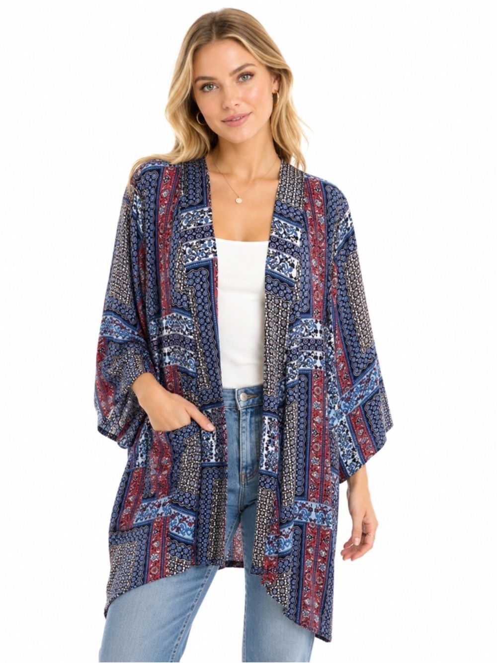 Tahari Kimono Duster Open Drape Sweater Size S-M Blue Red Cover Up Multicolour